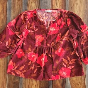 Pretty Sonoma PL Floral Top Corduroy Cotton Babydoll Red Burgandy Orange Rust